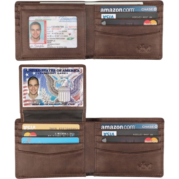Plånbok för män - Äkta läder RFID-blockerande bifold stilren plånbok med 2 ID-fönster Galaxy Coffee