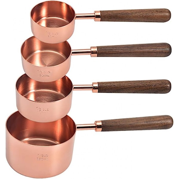 Set med 4 rostfria måttkoppar, kopparpläterad kapslad måttsats med valnötshandtag för torra och flytande ingredienser (kopparset: 1/
