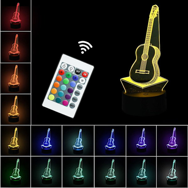3D Natlampe, Guitar 3D Illusion LED Lamper USB Batteri Strøm