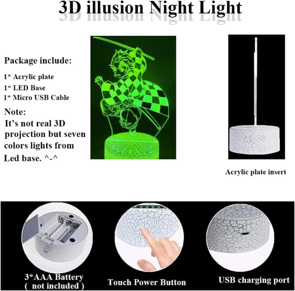 3D Illusjon Anime Lampe for Barn, Fargeskiftende Nattlamper