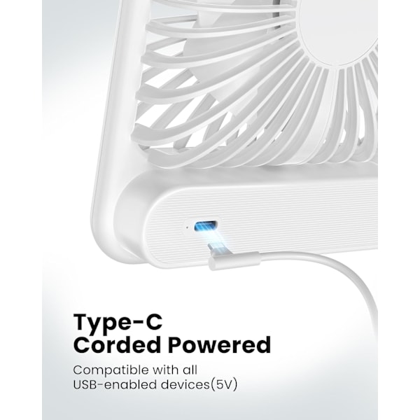 USB-pöytätuuletin, vahva tuuli, erittäin hiljainen pieni henkilökohtainen tuuletin 180° kallistuksella, taitettava ja 3 säädettävää nopeutta, USB-C-johdolla toimiva mini-U