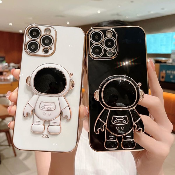 6D Elektroplet Astronaut Skjult Stativ Etui til iPhone Kvinder Astronaut Foldbart Stativ iPhone Etui med Kamera Beskytter Blød TPU Stødsikker Bumper White iPhone 15 Pro