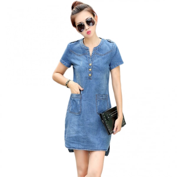 V-ringad stilren casual blå denim T-shirt klänning (blå M)