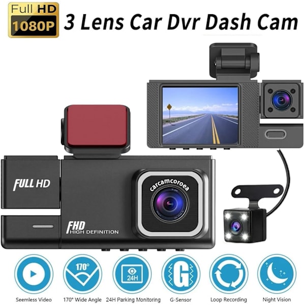 Dashcam fram, inuti, bak 1080P FHD för bilar, tre linser 2 tums display bilskrivare med 170 ° ultra vidvinkel, stödjer 128G, infraröd nattvisio
