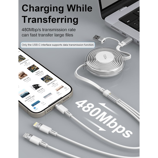 3-i-1 Multi-opladerkabel, Trækbart iPhone-oplader, 100W Hurtigopladning USB-C/A til Lightning/USB-C/Micro USB Telefonopladerkabel White