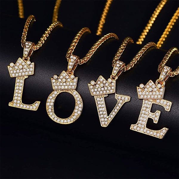 Krone Initial A-Z Halskæde, Iced Out Bogstav Vedhæng med 22-24 Tommer Kæde, Mænd Kvinder Bling Hip Hop Alfabet Navn Smykker Gave Store Initialer Halskæder D 18K Gold