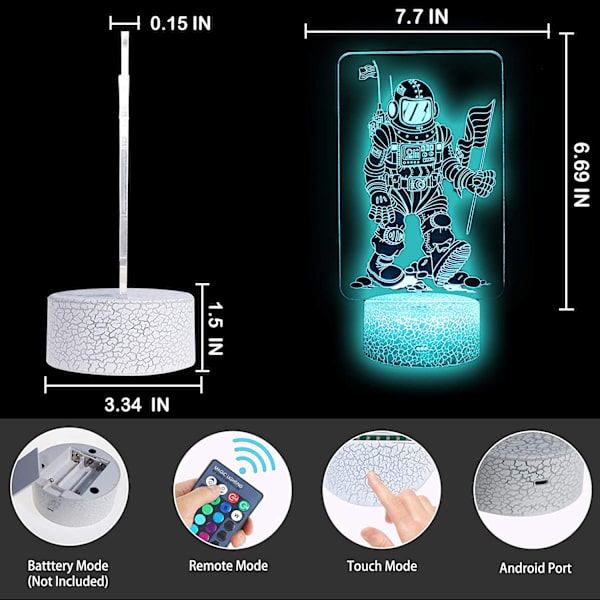 Spaceman 3D Illusion LED Bordlampe Astronaut Rummet Natlampe med 16 Farver Fjernbetjening Legetøj