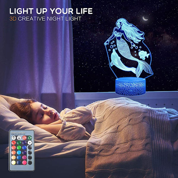 Sjöjungfru 3D Illusion LED Rum Bord Dekorlampa Havsjungfru Natt