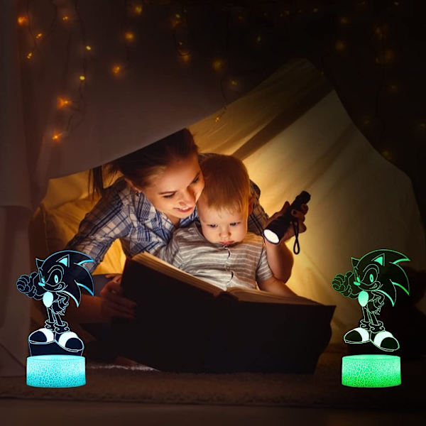 3D Sonic Anime Nattlampe - LED Illusionslampe med 3 Mønstre og 16 Fargeendringer Dekor Bordlampe med Fjernkontroll