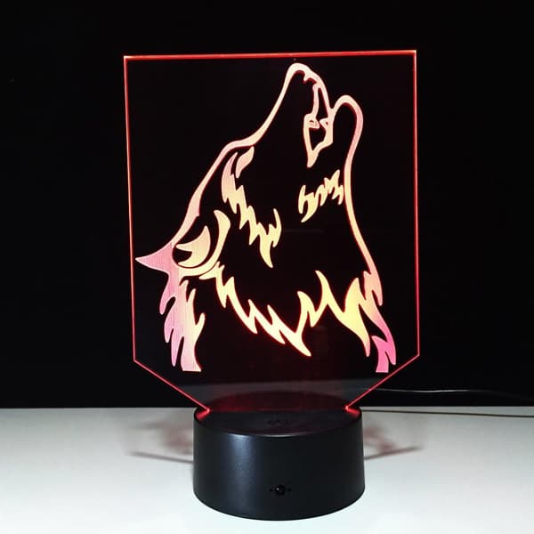 Wolf 3D nattlys berøringslampe for bord og skrivebord, 7 fargeendrende lys med akrylplate og ABS-base og USB-lader