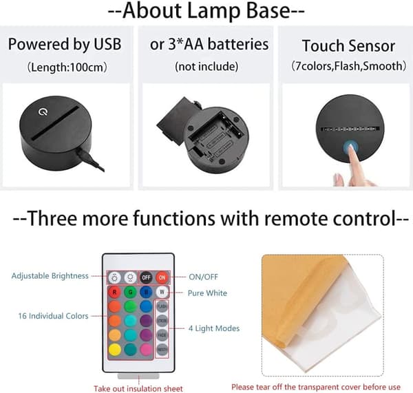 Anime LED Nattlampe, 7 Farger USB-Lading 3D Touch Illusjon