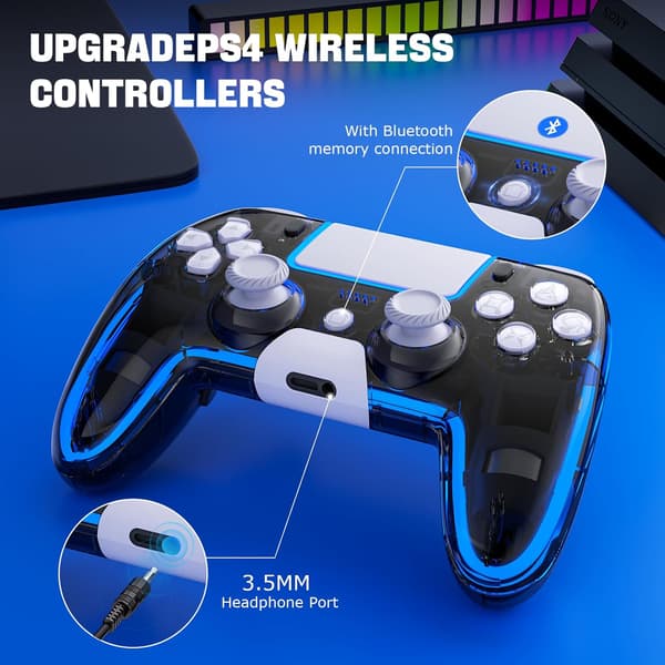Trådløs PS4-controller med Hall 3D-joysticks/RGB LED-lys/programmeringfunktion, PS4-controller fjernbetjening joystick gamepad, spilcontroller til PS4/Slim/P White