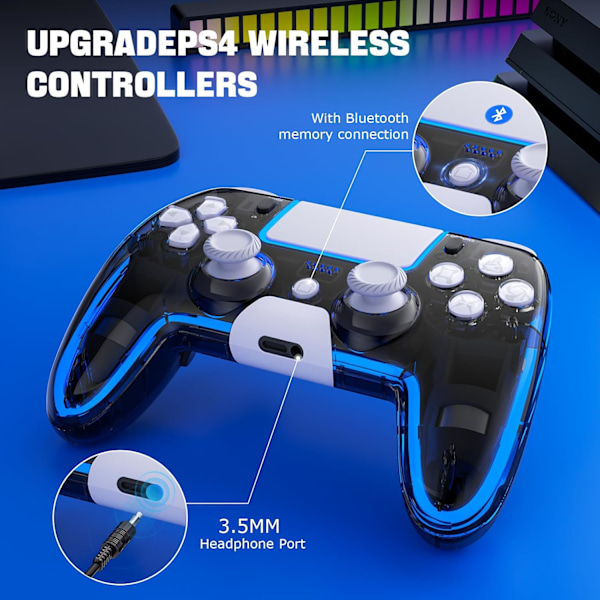 Trådlös PS4-kontroll med Hall 3D-joysticks/RGB LED-lampor/programmeringsfunktion, PS4-kontroll fjärrkontroll joystick Gamepad, spelkontroll för PS4/Slim/P White