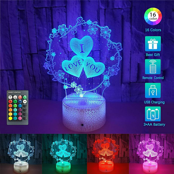 3D I Love You Illusionslampa, 16 färger som ändrar lägen RGB Nig