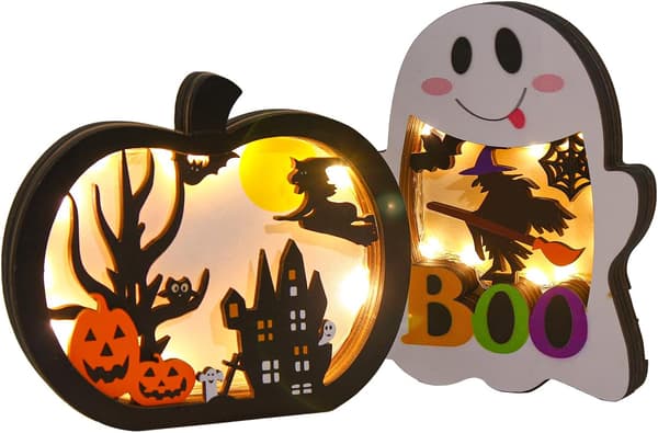 2 st träbelysta pumpaspöklampor – Halloween bordsdekorationer med skuggbox
