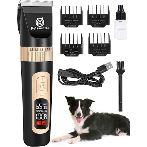 Hundtrimmer för Pälsvård, 4 Hastigheter & LCD, Tyst Elektrisk Trimmer för Pälsvård, Sladdlös Uppladdningsbar Hundhårstrimmer, Super Qu