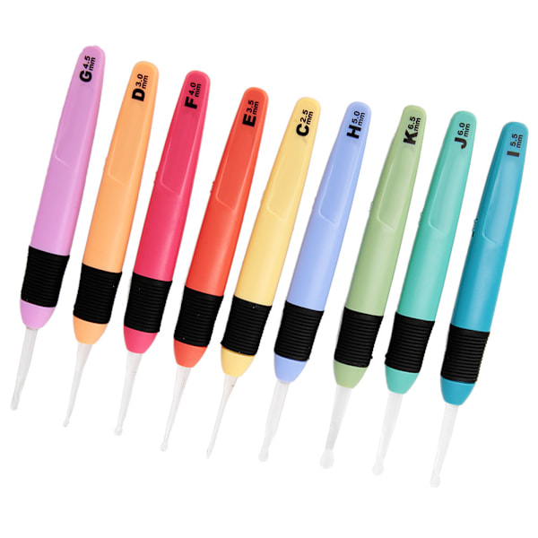 9 st plastvirknål med LED-ljus ergonomiskt handtag manuell DIY stickningsverktygssats (rosa)