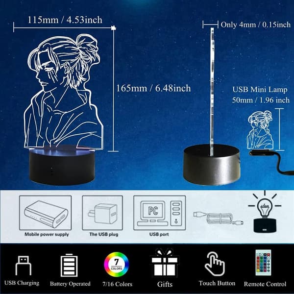 Eren Yeager Lampe, Anime Figur 3D Nattlys, Levi LED-lys