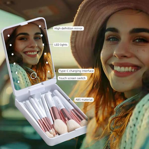 Resesminkborste Set Foundation Puder Concealers Ögonskuggor Makeup Set med LED-ljus Spegel 14 st White