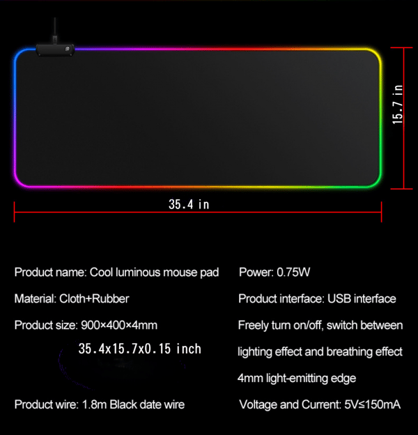 Lysende musematte RGB Oversized musematte Stor skrivebordspute LED spill sports