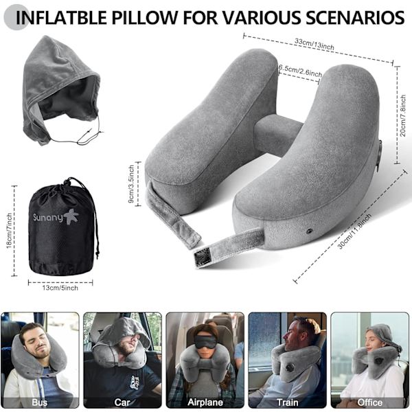 Nackkudde för resor Uppblåsbar flygplansdyna Stöder bekvämt huvud, nacke och haka, uppblåsbar resedyna med mjuk velouröverdrag, hatt, portabel Comfort Grey with Hat