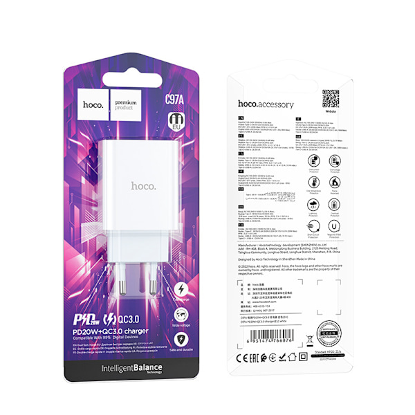 hoco. C97A europeisk standard PD20W+QC3.0 laddare för iPhone1