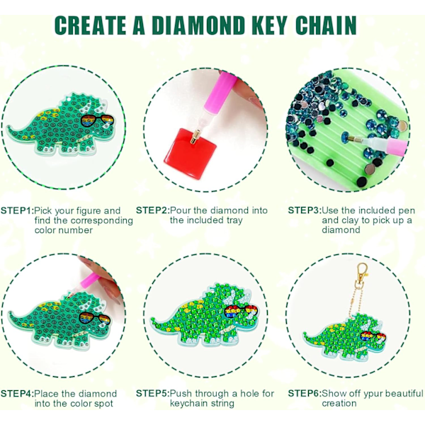 Diamond Art Painting Nyckelringar, 15 st 5D Dinosaurie Diamanter Målning Nyckel Konst Nyckelring Hänge Tillbehör Prydnader Ädelsten Konst & Hantverk för Barn Vuxna