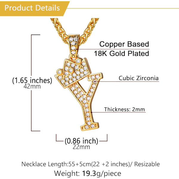 Krone Initial A-Z Halskæde, Iced Out Bogstav Vedhæng med 22-24 Tommer Kæde, Mænd Kvinder Bling Hip Hop Alfabet Navn Smykker Gave Store Initialer Halskæder Y 18K Gold