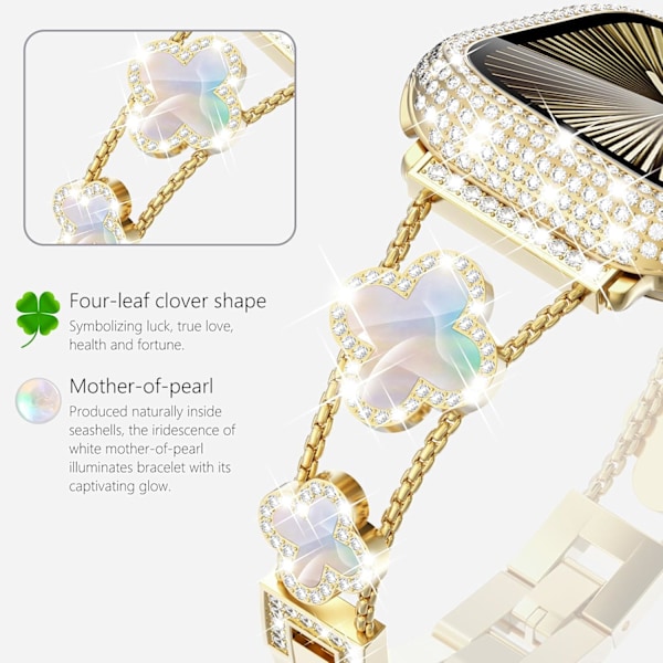 Surace Kompatibel med Apple Watch Series 10 Remmer 42mm for Kvinner, Smykker Diamant Rhinestone Rustfritt Stål Metall Armbånd Kløver Leaf-Gold/Iridescent 42/44/45MM