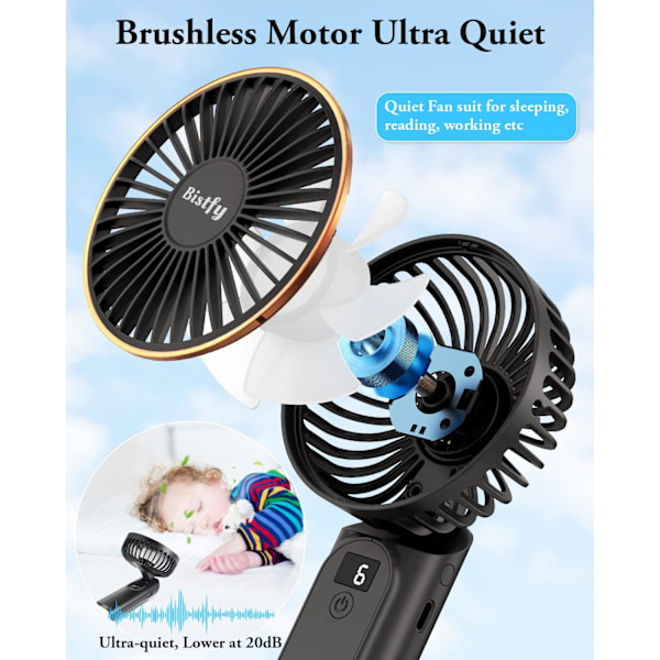 Håndholdt Ventilator, Bærbar Håndholdt Ventilator USB 5200mAh Genopladelig Foldbar Bordventilator, Ultra Støjsvag 6 Hastigheder LED USB C Halsventilator, Håndventilator De