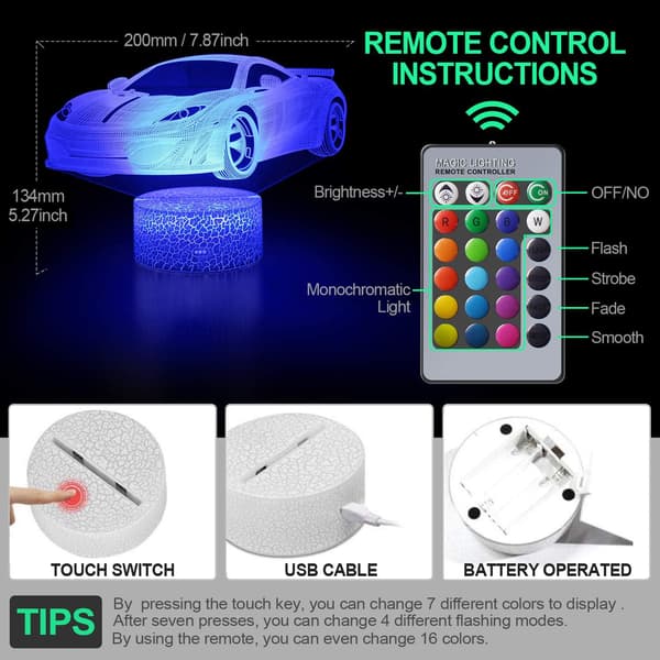 Bilgave til gutter, Racing Car 3D LED illusjonslampe, nattlys for gutter
