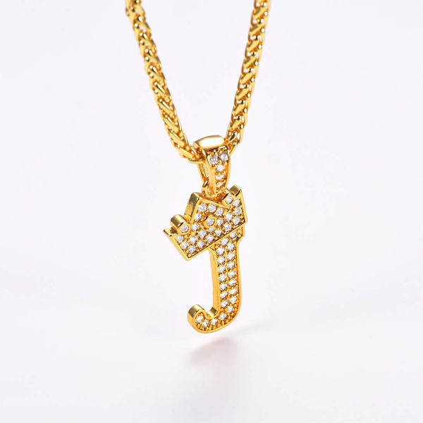 Krone Initial A-Z Halskæde, Iced Out Bogstav Vedhæng med 22-24 Tommer Kæde, Mænd Kvinder Bling Hip Hop Alfabet Navn Smykker Gave Store Initialer Halskæder J 18K Gold
