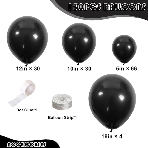 130 stk. sorte balloner i forskellige størrelser 18\" 12\" 10\" 5\" ballonbue guirlande sæt perfekt til fødselsdagsfest, dimission, babyshower, bryllup, ferie D Black