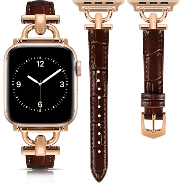 Läderarmband Kompatibelt med Apple Watch Armband för Kvinnor, Elegant Armband för iWatch Serie 10/9/8/7/6/5/4 (38mm 40mm 41mm 42mm se Dark Brown/Rose Gold 42/44/45/46/49mm
