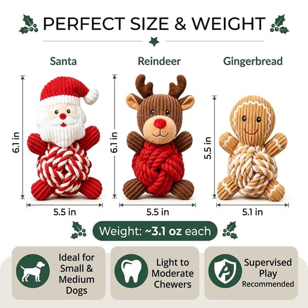 Pipande hundleksak med rep för julen, tuggleksaker som pepparkaksgubbe och tomte gingerbread man