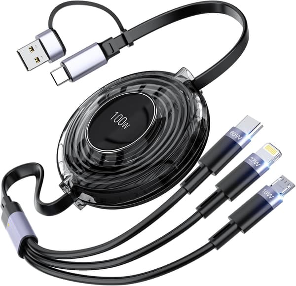 3-i-1 Multi-opladerkabel, Trækbart iPhone-oplader, 100W Hurtigopladning USB-C/A til Lightning/USB-C/Micro USB Telefonopladerkabel Black