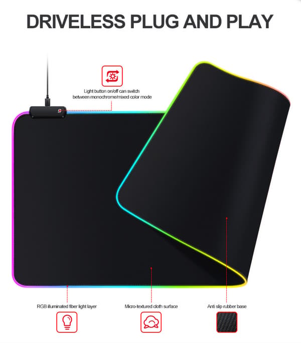 Lysende musematte RGB Oversized musematte Stor skrivebordspute LED spill sports