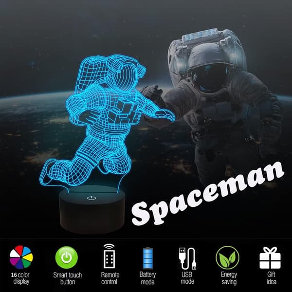 Spaceman 3D Natlampe, Astronaut Raket Optisk Illusion L