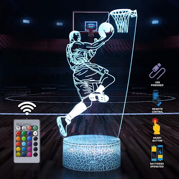 Basketball Man 3D Lampe Natlampe med Fjernbetjening & Berøringskontrol, Flere Farver
