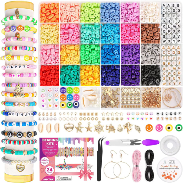 5800 st Clay Beads Armbandstillverkningssats, 24 färger platta preppy-pärlor för att göra vänskapssmycken, Polymer Heishi-pärlor med berlocker DIY Arts and Cra