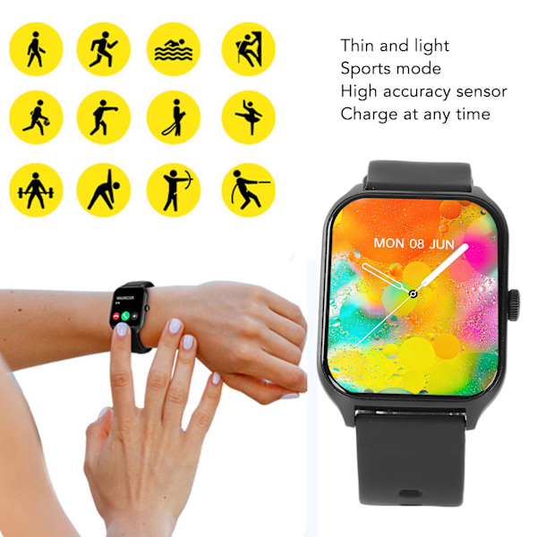 Smartwatch med iltmåling, opkaldsskærm, IP68 vandtæt touchskærm smartwatch med skridttæller Black