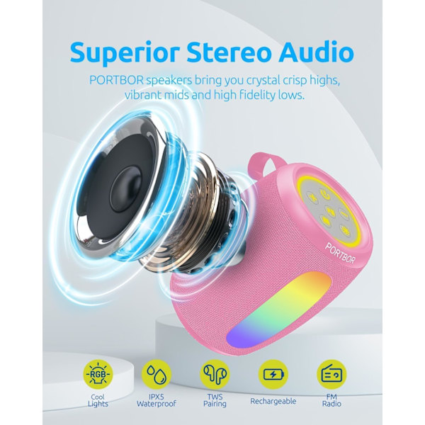 Kannettava Bluetooth-kaiutin, tehokas stereoääni, pieni langaton kaiutin valoilla, IPX5-vesitiivis, BT5.3 AUX-tulolla, TWS Pai Pink