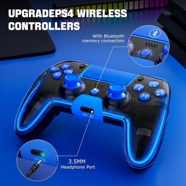 Trådløs PS4-controller med Hall 3D-joysticks/RGB LED-lys/programmeringsfunktion, PS4-controller fjernbetjening joystick gamepad, spilcontroller til PS4/Slim/P Blue
