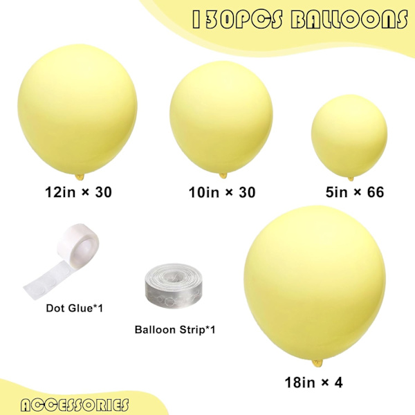 130 stk. Pastelgule balloner i forskellige størrelser 18\" 12\" 10\" 5\" Ballonbue guirlande sæt perfekt til fødselsdagsfest, dimission, babyshower, bryllup,De Pastel Yellow
