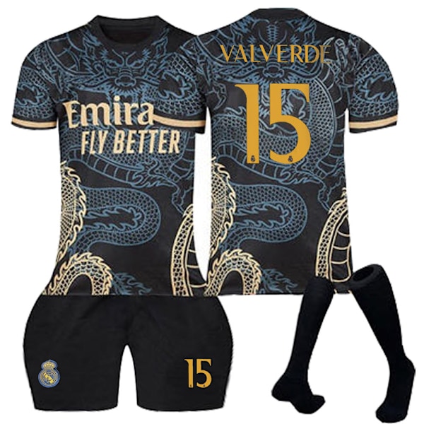 23-24 Real Madrid Dragon Black Special Edition Fodboldtrøjer Børns fodboldsæt No.15 Valverde 18