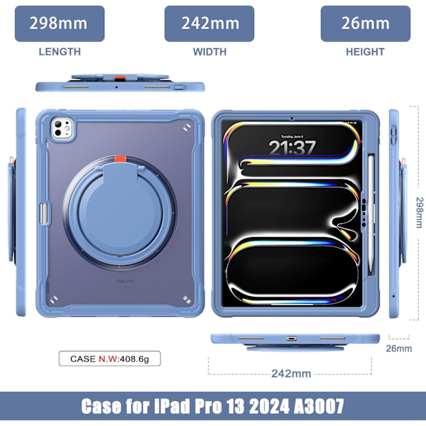 iPad Pro 11-tommers deksel 2024 M4 Chip Lett Dobbeltlags Beskyttende Nettbrettdeksel, Slitesterke Sh0ck-Absorberende Hjørner med 360° Rotasjon Lavender Grey iPad pro11 2024