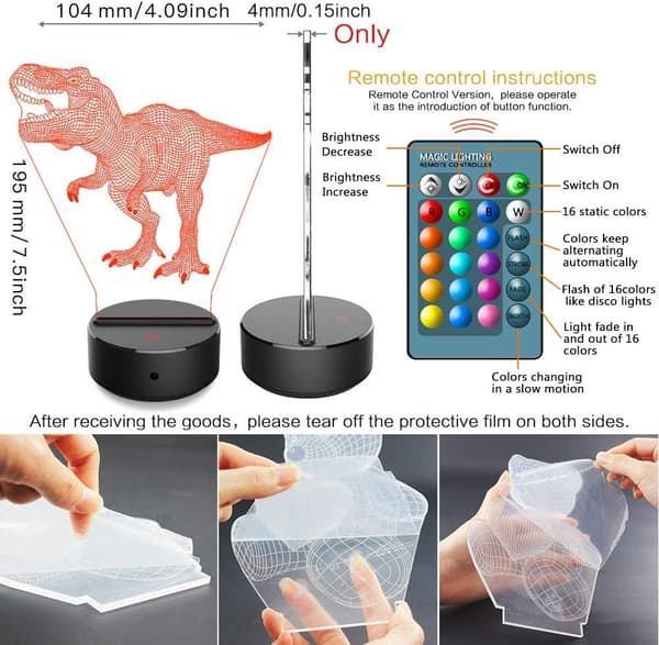 Dinosaur Natlampe til Børn - 3D Dinosaur Lampe 16 Farver O