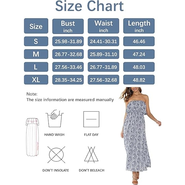 Dame Sommer Off Shoulder Maxikjole Flæse Stropløs Blå Hvid Porcelæn Boho Afslappet Løse Lange Kjoler L