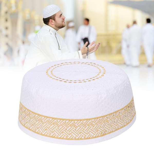 Polyesterblandad bomullstyg muslimsk bönehatt Islam Man Broderihatt (Gul 56cm)