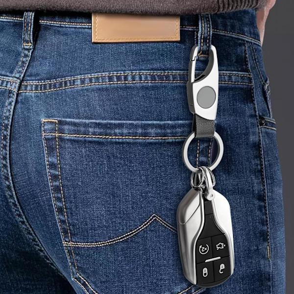 Karabinhage nøglering, nøgleringe til bilnøgle med 2 nøgleringe og anti-tabt D-ring, multifunktionelle nøgleringe til mænd og kvinder-sølv (gråt læder) Silver Grey Leather